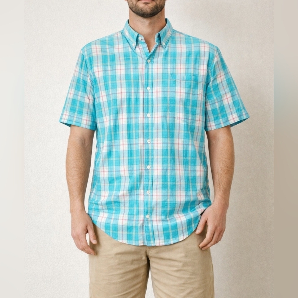 John Blair Men's Plaid Short Sleeve Shirt L Tall Turquoise Blue 100% Cotton